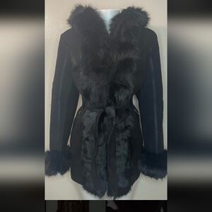 Elegant Black Faux Fur Trim Trench Coat